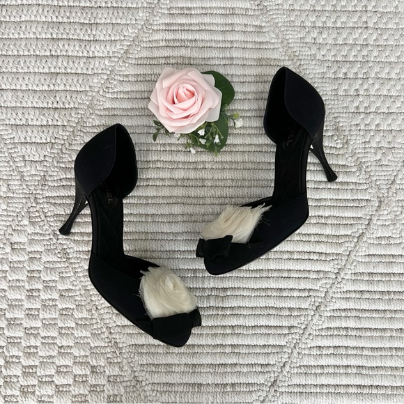 Chanel Black Satin D’orsay Camelia White Flower And Bow Pumps